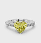 Silver Fancy Yellow Heart  Cut Solitaire Diamond Engagement Ring with Pave Band and Four-Prong Setting