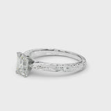 White gold Radiant Solitaire Milgrain Engraved Band with Four-Prong Setting
