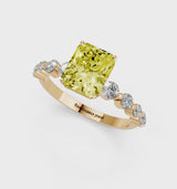 Yellow gold Fancy Yellow Radiant Cut Solitaire Diamond Ring with Pave Band and Four-Prong Setting