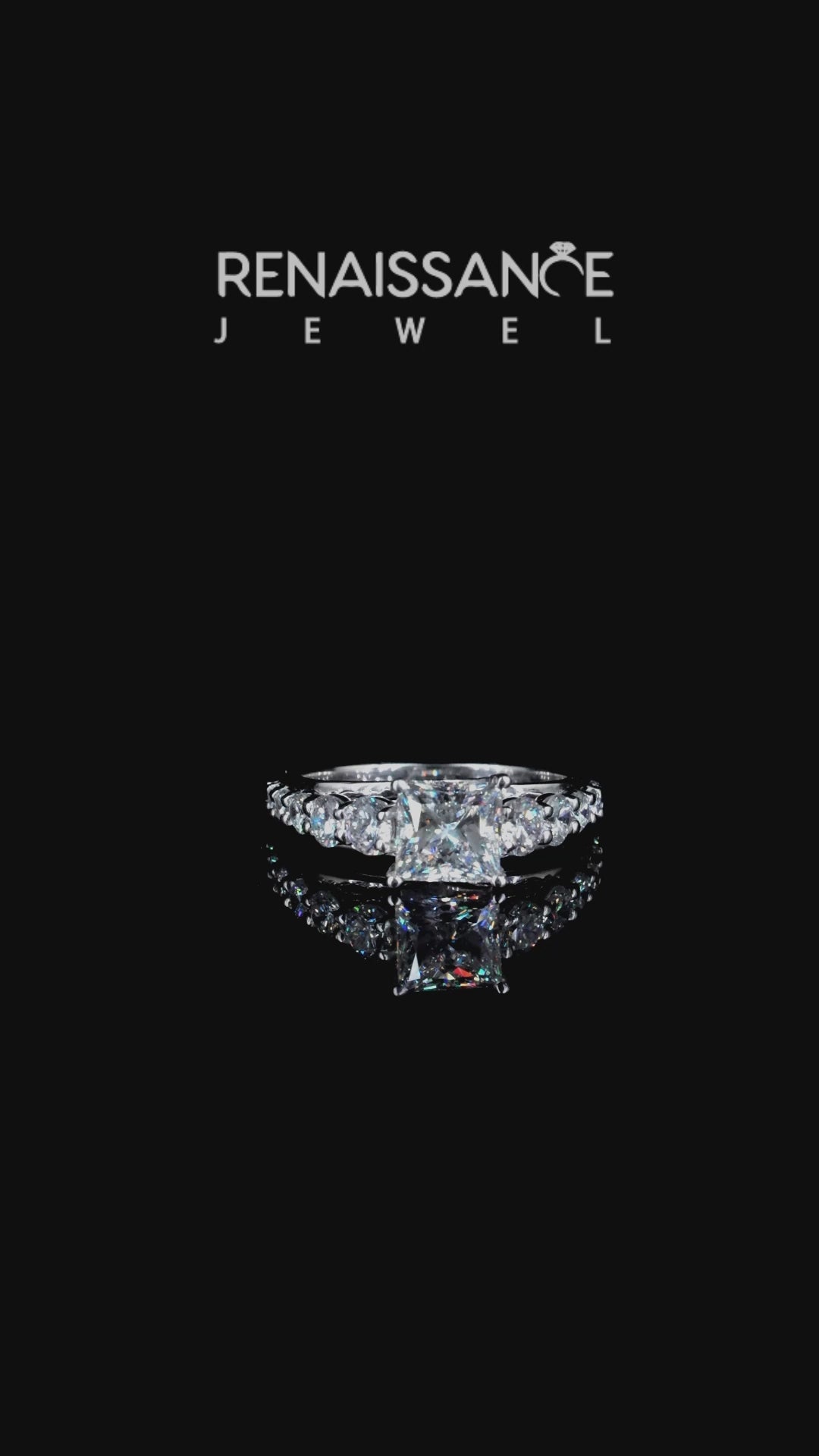 Silver Radiant Cut Pavé Band Solitaire Ring with Four-Prong Setting 4