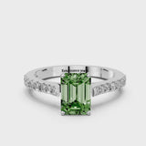 Silver Fancy Green Emerald  Cut Solitaire Diamond Engagement Ring with Pave Band and Four-Prong Setting