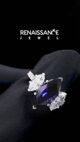 Silver Three-Stone Marquise Cut Blue Sapphire Ring with Round  Pavé Band and Prong Setting