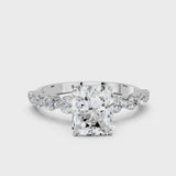 White gold Radiant Cut Solitaire Diamond Ring with Pave Band and Four-Prong Setting