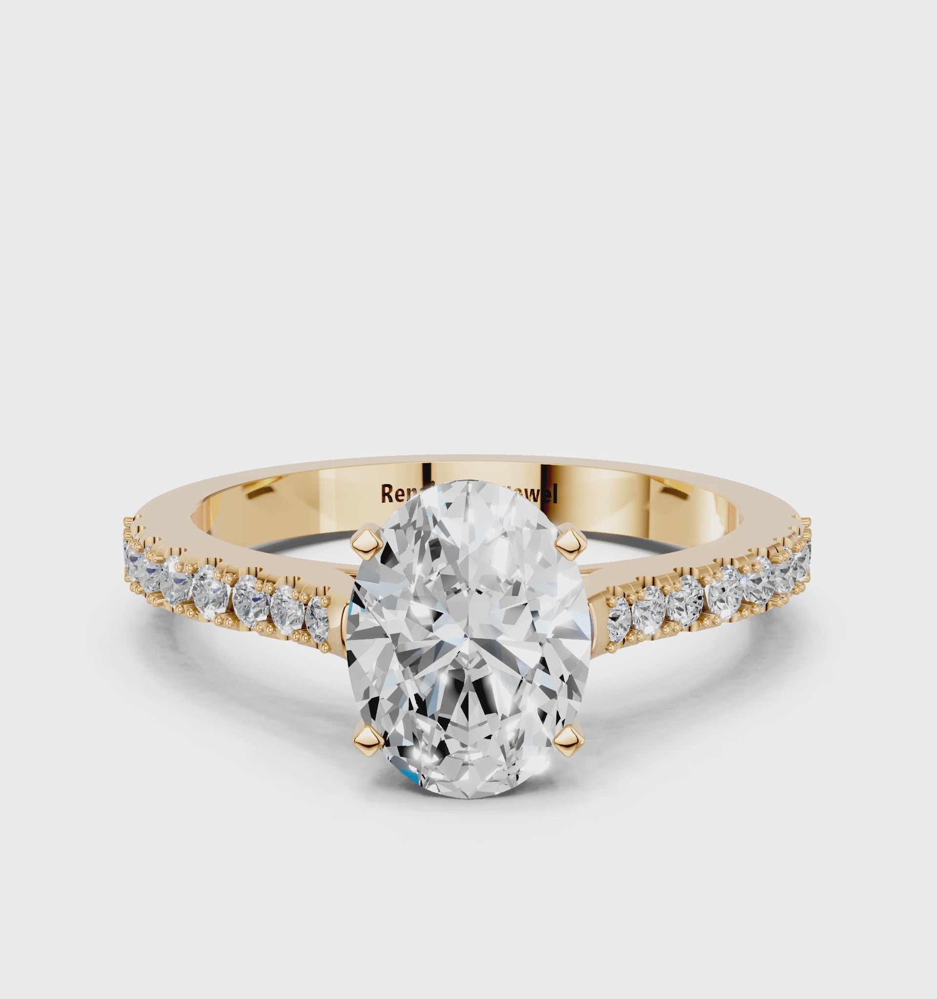 Yellow gold Oval Cut Solitaire Diamond Engagement Ring with Pave Band and Four-Prong Setting_89