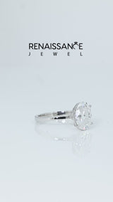 Silver Oval Cut Moissanite Solitaire Engagement Ring with Classic Band and Four-Prong Setting