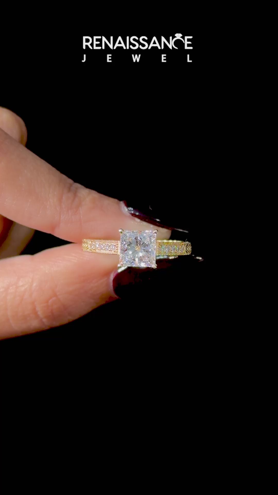 Yellow gold Princess Cut Milgrain Channel Set Engagement Ring with Solitaire Prong Setting_8