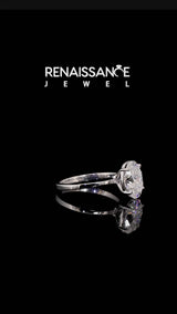 Silver Oval Cut Moissanite Solitaire Engagement Ring with Classic Band and Four-Prong Setting