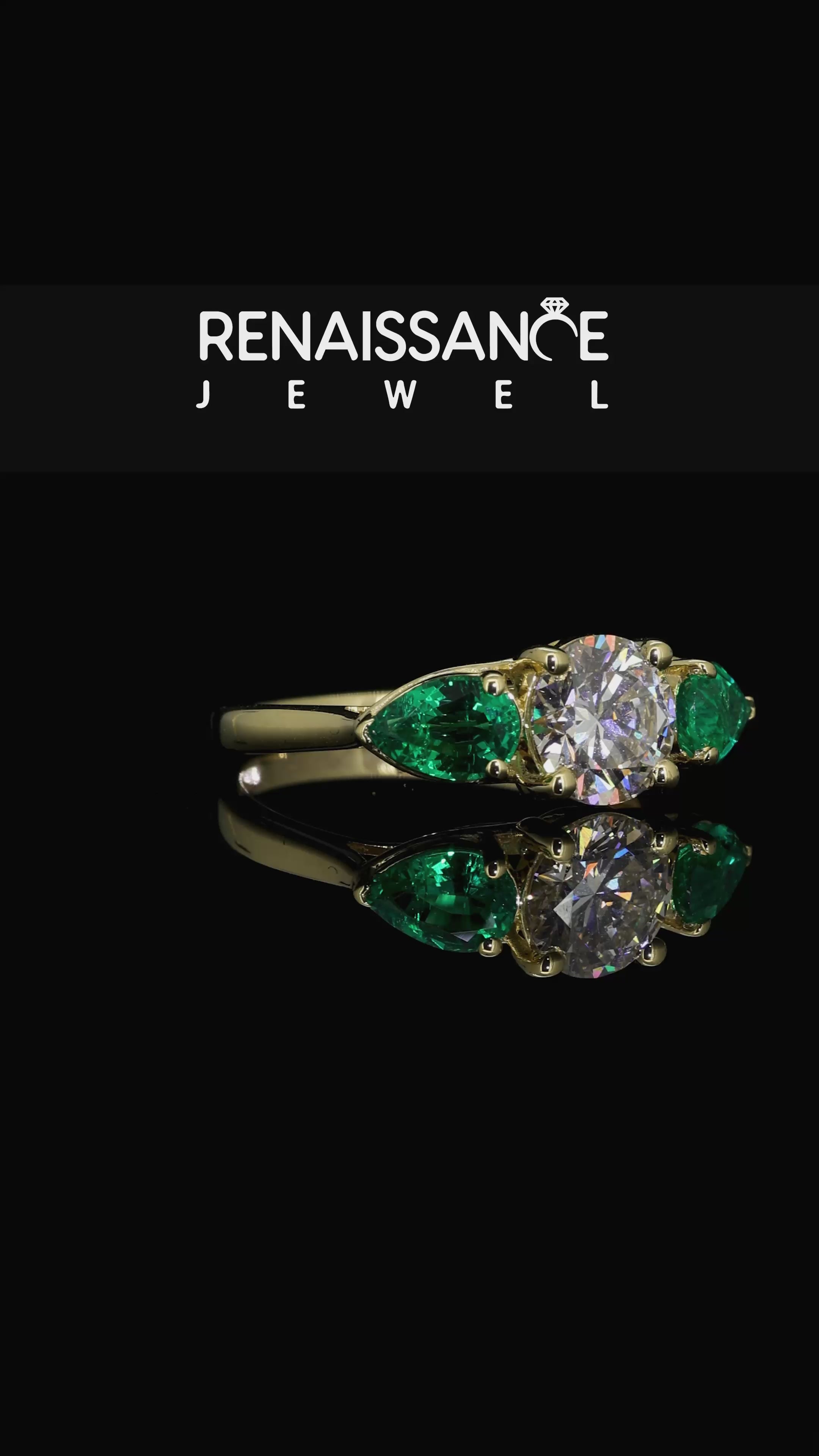 Yellow gold Round Cut Diamond Three-Stone Ring with Pear Emerald Side Stones and Prong Setting_12