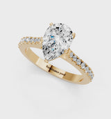 Yellow gold Pear Cut Solitaire Diamond Engagement Ring with Pave Band and Four-Prong Setting