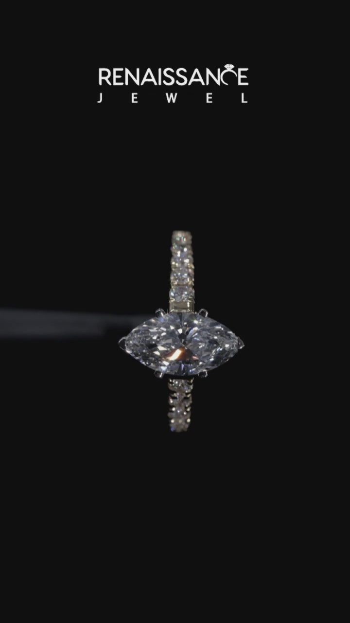 Yellow gold Marquise Cut Diamond Solitaire with Pave Band and Four-Prong Setting 5