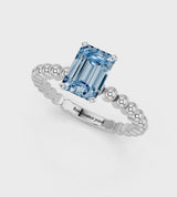 Silver Fancy Blue Emerald Cut Diamond Solitaire Ring with Beaded Band and Prong Setting