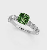 Silver Fancy Green Cushion Cut Diamond Prong Setting with Side Stones on a Pave Band