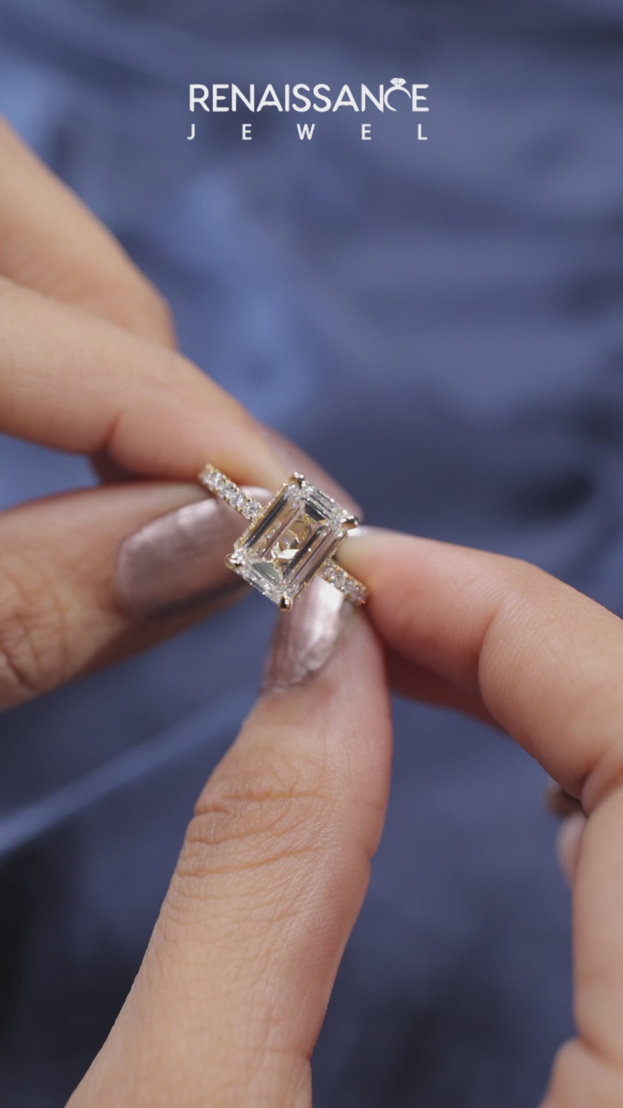 Yellow gold Emerald Cut Diamond Pave Band Solitaire Ring with Four-Prong Setting 3