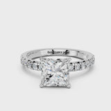 Silver Asscher Solitaire Pave Diamond Engagement Ring with Four-Prong Setting