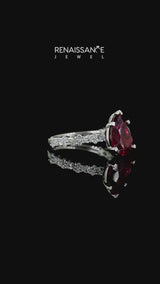 Silver Pear Cut Ruby Side Stone Solitaire Ring with Round and Four-Prong Setting