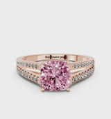 Rose gold Fancy Pink Cushion Cut Diamond Solitaire Engagement Ring with Split Shank Pavé Band