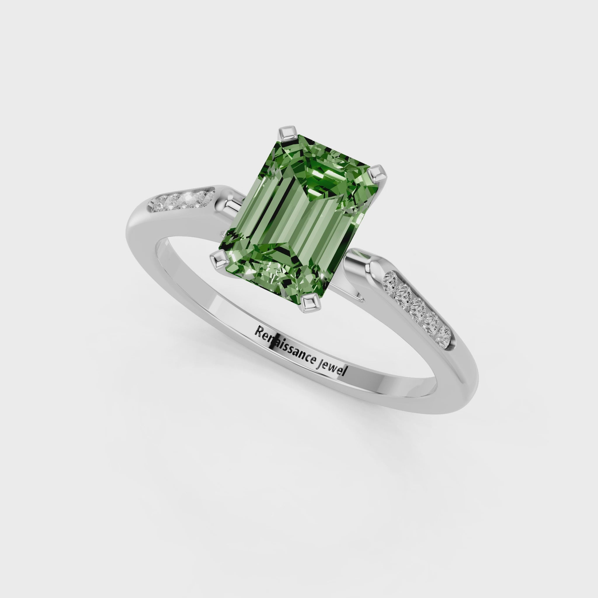White gold Fancy Green Emerald  Cut Channel Set Solitaire Engagement Ring with Four-Prong Setting_54