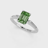Silver Fancy Green Emerald  Cut Channel Set Solitaire Engagement Ring with Four-Prong Setting
