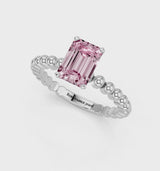 White gold Fancy Pink Emerald Cut Diamond Solitaire Ring with Beaded Band and Prong Setting