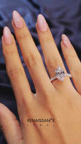 10K White Gold 1.54 Carat E VS1 Marquise Solitaire with Side Stones, Pave Band, Four-Prong Setting