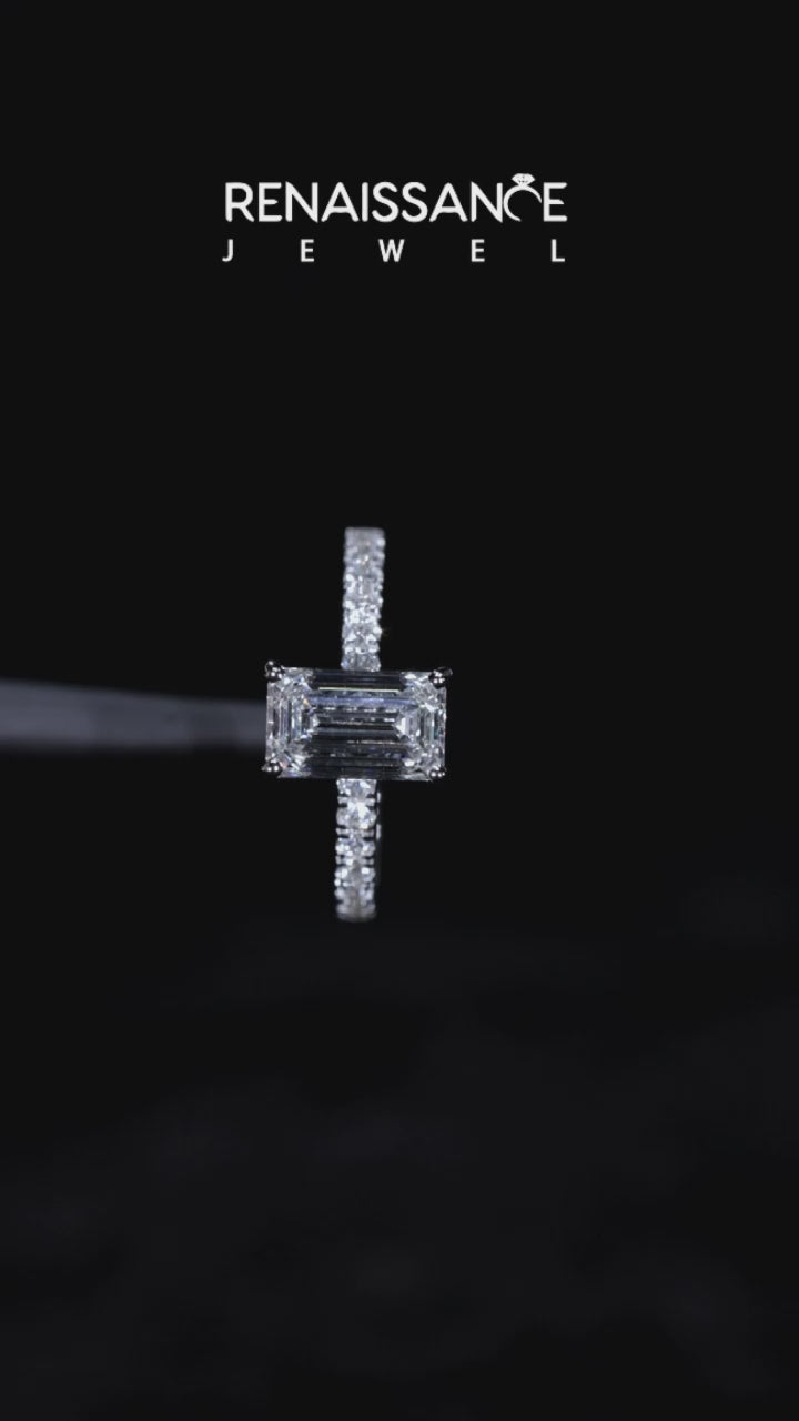 Silver Emerald Cut Diamond Pave Band Solitaire Ring with Four-Prong Setting 3