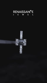 Silver Marquise Cut Diamond Pave Band Solitaire Ring with Round  and Prong Setting