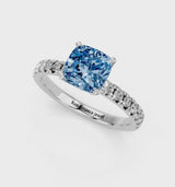 White gold Fancy Blue Cushion  Solitaire Pave Diamond Engagement Ring with Four-Prong Setting