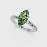 Silver Fancy Green Marquise Cut Diamond Solitaire Pavé Band with Four-Prong Setting