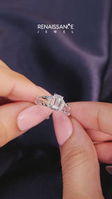 White gold Emerald Solitaire Filigree Engagement Ring with Halo and Prong Setting