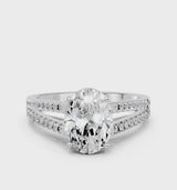 Silver Oval Cut Diamond Solitaire Engagement Ring with Split Shank Pavé Band