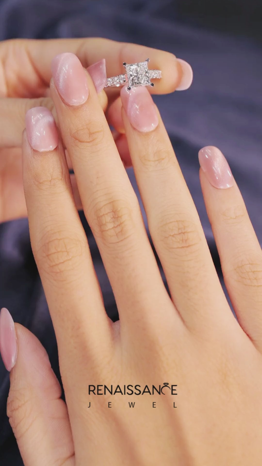 Silver Princess Cut Diamond Solitaire with Pave Band and Four-Prong Setting 4