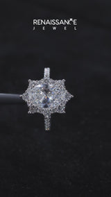White gold Emerald Halo Diamond Ring with Pavé Band and Prong Setting