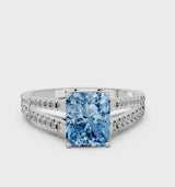 Silver Fancy Blue Radiant Cut Diamond Solitaire Engagement Ring with Split Shank Pavé Band