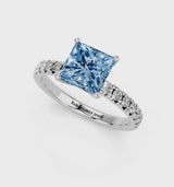 Platinum Fancy Blue Princess  Solitaire Pave Diamond Engagement Ring with Four-Prong Setting