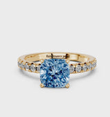 Yellow gold Fancy Blue Cushion  Solitaire Pave Diamond Engagement Ring with Four-Prong Setting