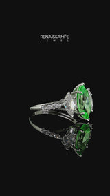 Silver Three-Stone Marquise Cut Green Sapphire Ring with Round  Pavé Band and Prong Setting