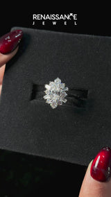 Silver Oval Diamond Cluster Ring with Round and Baguette Stones, Split Shank Band, Prong Setting