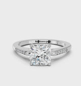 Platinum Cushion Cut Channel Set Solitaire Engagement Ring with Four-Prong Setting