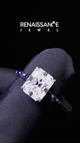 White gold Radiant Cut Diamond Ring with Marquise and Round with Blue Sapphire side stone Side Stones and Four-Prong Setting