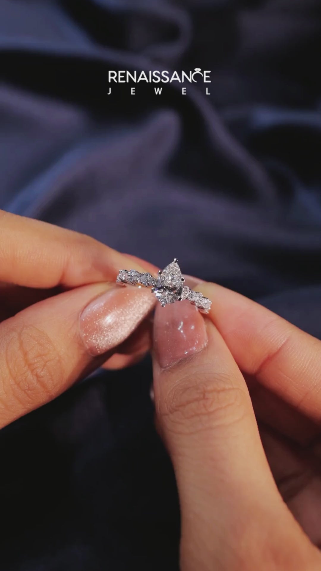 Platinum Pear Solitaire with Side Stones, Pave Band, Four-Prong Setting 5