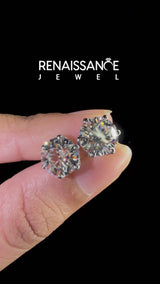 Silver Round Diamond Six Prong Flower Petal Solitaire Stud Earrings