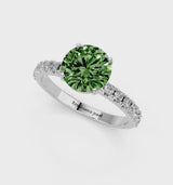 Silver Fancy Green Round Cut Diamond Solitaire Pavé Band with Four-Prong Setting