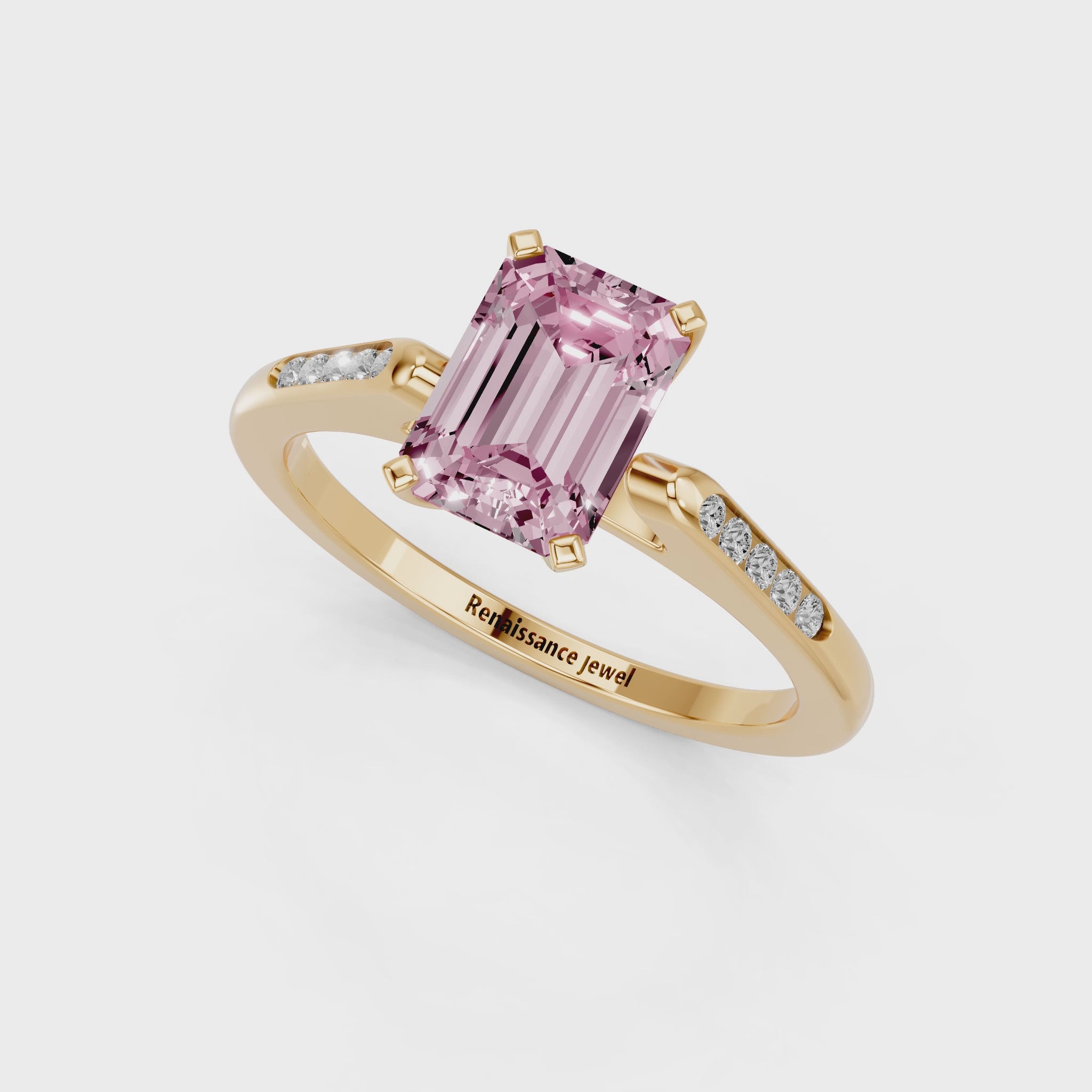 Yellow gold Fancy Pink Emerald  Cut Channel Set Solitaire Engagement Ring with Four-Prong Setting_58