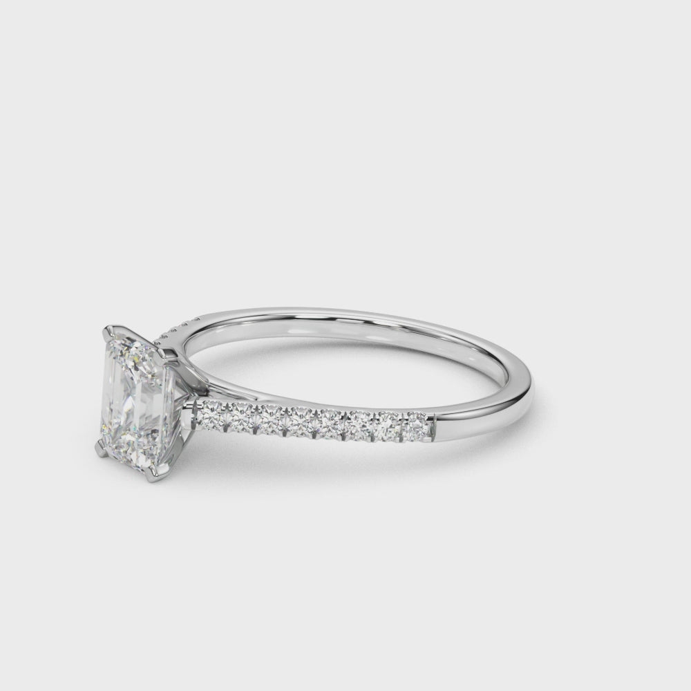 Silver Radiant Cut Solitaire Diamond Ring with Pave Band and Four-Prong Setting 3