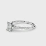 White gold Radiant Cut Solitaire Diamond Ring with Pave Band and Four-Prong Setting