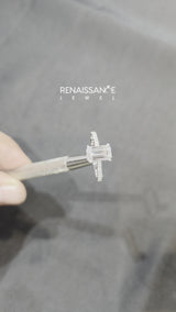 Silver Emerald Cut Diamond Solitaire Ring with Pavé Accents and Four-Prong Setting