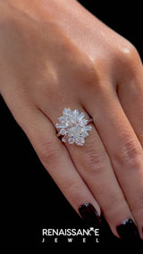 Platinum Oval Diamond Cluster Ring with Round and Baguette Stones, Split Shank Band, Prong Setting