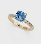 Yellow gold Fancy Blue Cushion Cut Diamond Solitaire Pavé Band with Four-Prong Setting