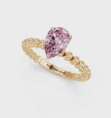 Yellow gold Fancy Pink Pear Cut Diamond Solitaire Ring with Beaded Band and Prong Setting