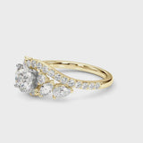 Yellow gold Round Diamond Halo Ring with Marquise and Pavé Band in Prong Setting
